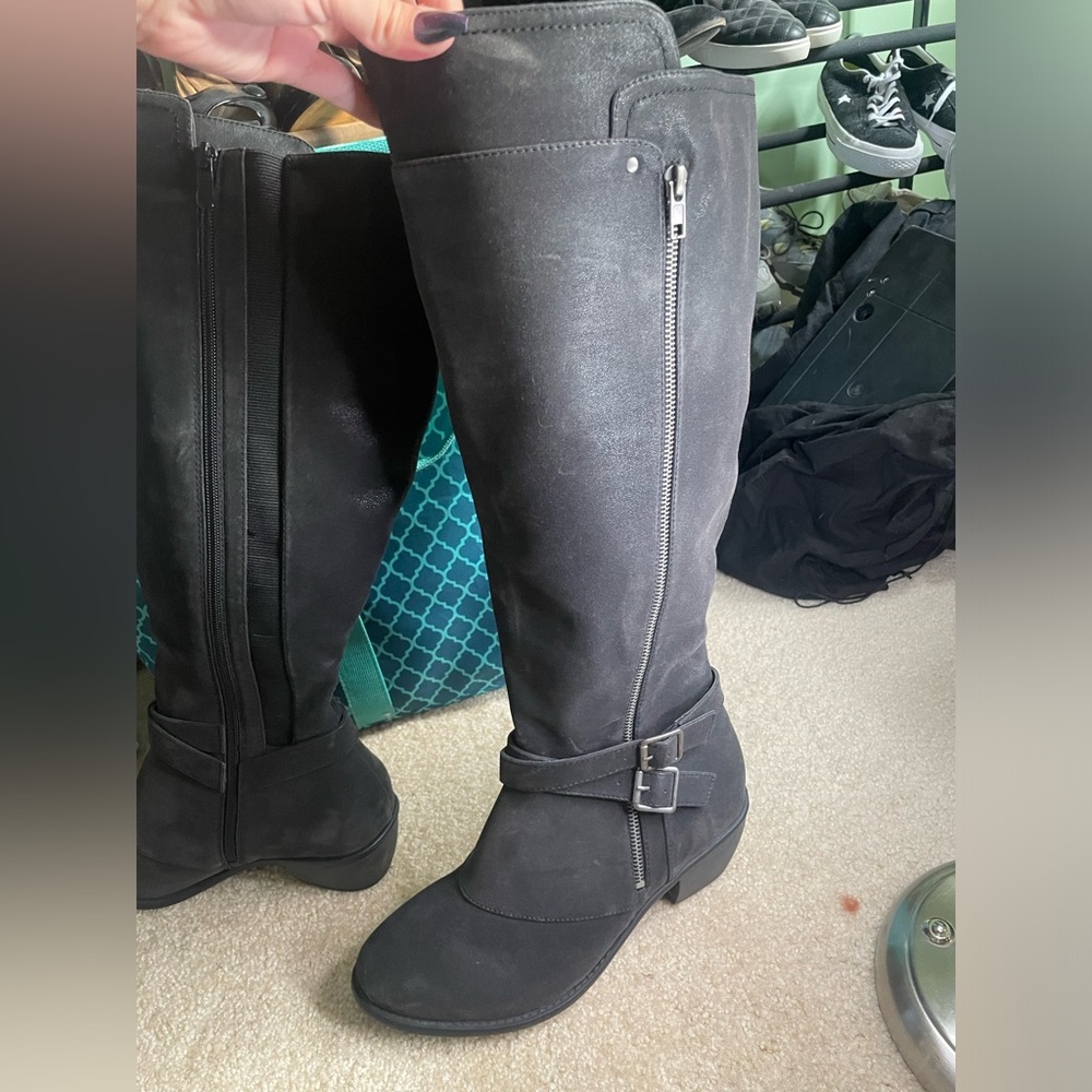 Black Faux Suede Buckle Knee-High Boot (WW & Wide To Extra Wide Calf)